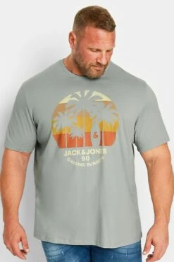 JACK & JONES Big & Tall Grey Palm Tree Logo Print T-Shirt