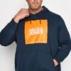 JACK & JONES Big & Tall Navy Blue & Orange Printed Logo Hoodie