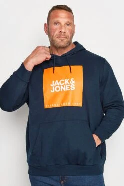 JACK & JONES Big & Tall Navy Blue & Orange Printed Logo Hoodie