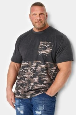 KAM Big & Tall Charcoal Grey Camo Pannelled T-Shirt