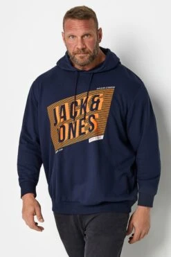 JACK & JONES Big & Tall Navy Blue Diagonal Logo Print Hoodie