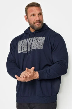 JACK & JONES Big & Tall Navy Blue Stripe Logo Print Hoodie