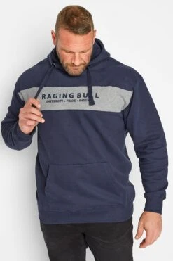 RAGING BULL Big & Tall Navy Blue Colour Block Logo Hoodie