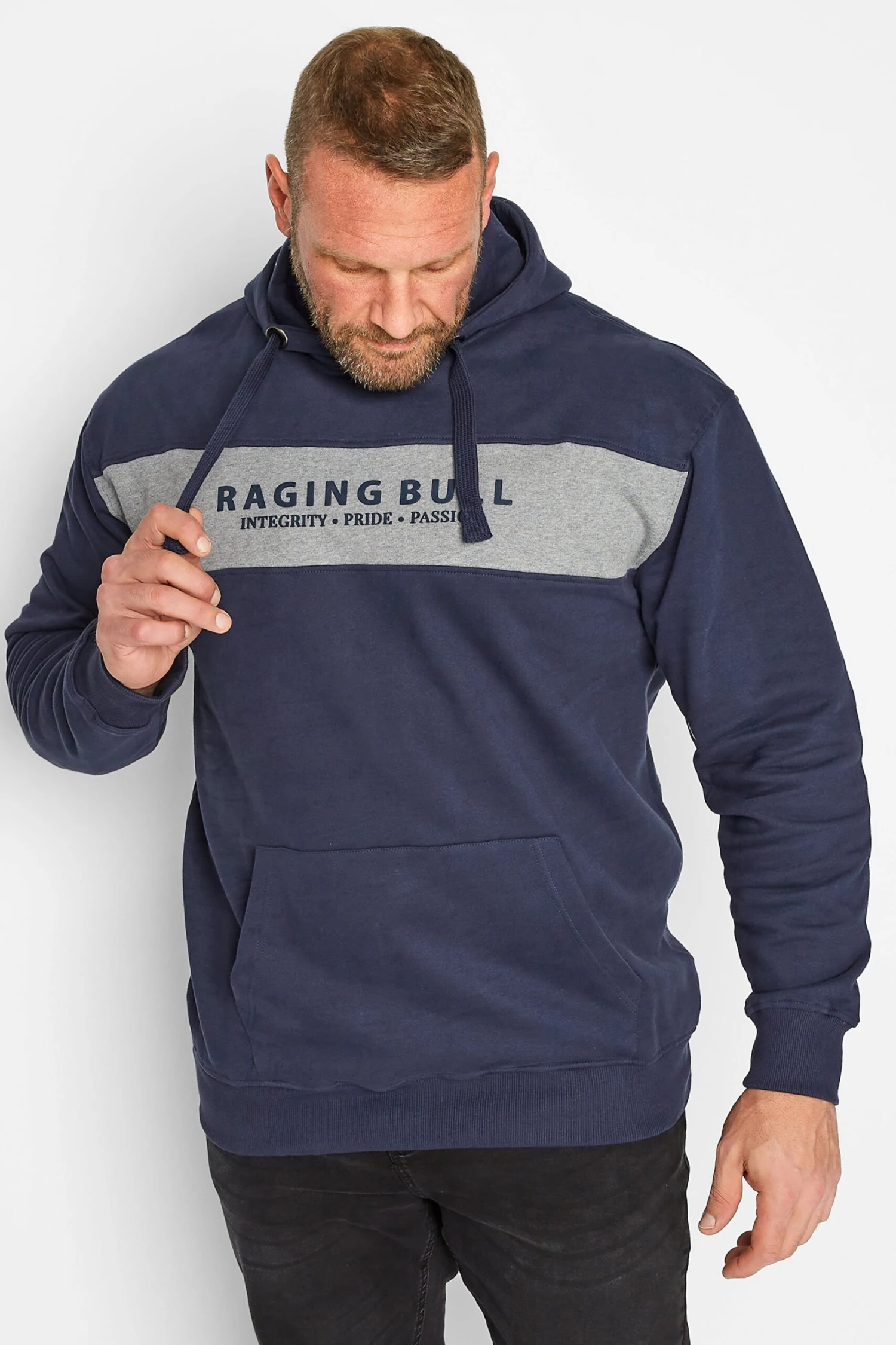 RAGING BULL Big & Tall Navy Blue Colour Block Logo Hoodie 1 RAGING BULL Big & Tall Navy Blue Colour Block Logo Hoodie